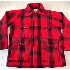 Johnson Woolen Mills Wool Hunting Coat Jacket Size Medium Large Red Black Plaid